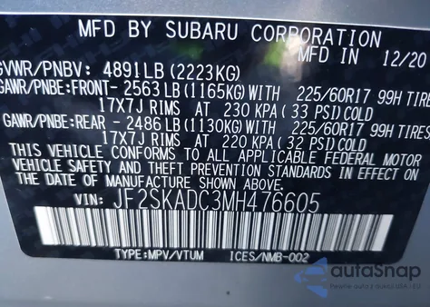 2021 Subaru Forester z USA, uszkodzony, nr VIN JF2SKADC3MH476605